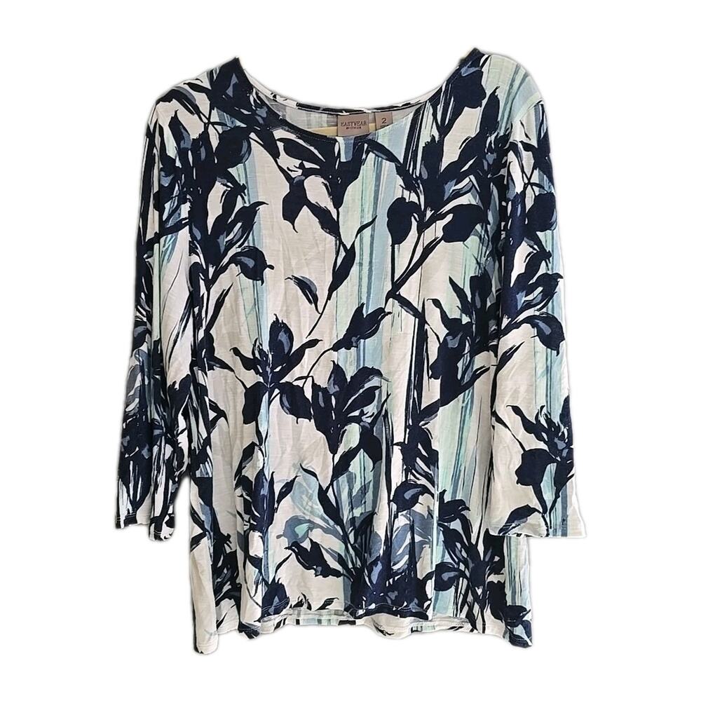 Easywear by Chico's Blue Floral Painted 3/4 Sleeve Casual Top‎ Womans Size Lg